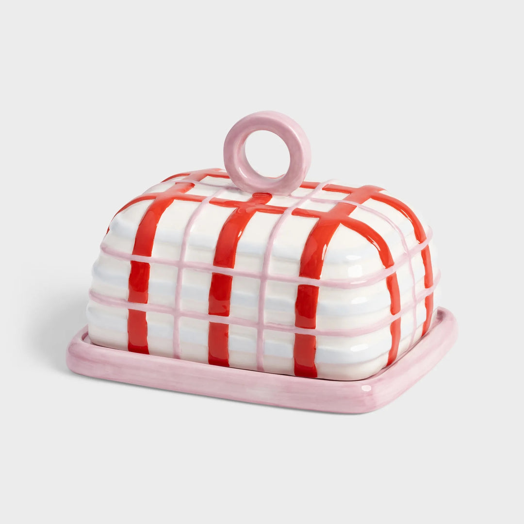 &K Pink Plaid Butter Dish