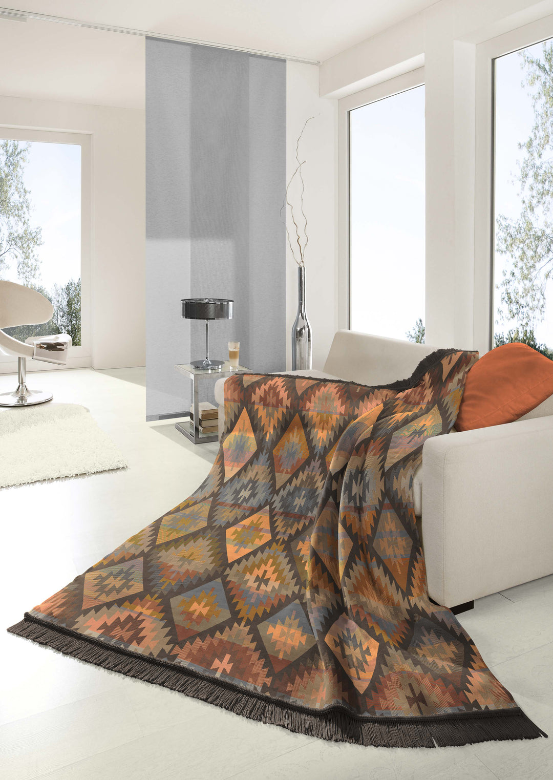 Ikat Diamond Charcoal/Orange Blanket