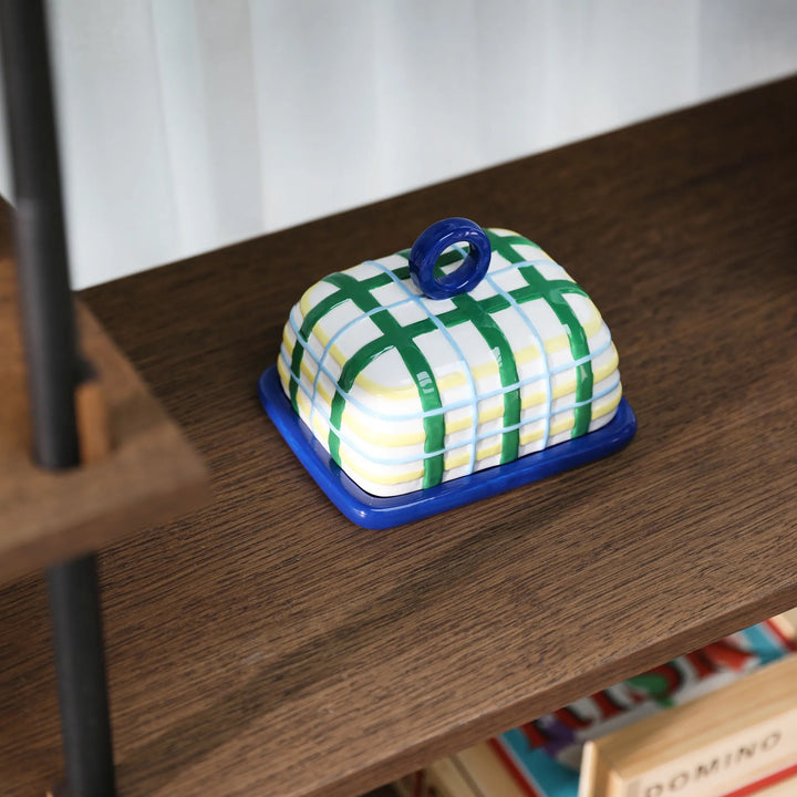 &K Blue Plaid Butter Dish