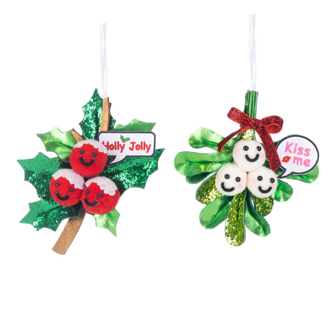 Fabric Smiling Holly & Mistletoe Decorations