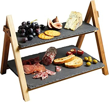 2 Tier Slate & Wood Serving Stand